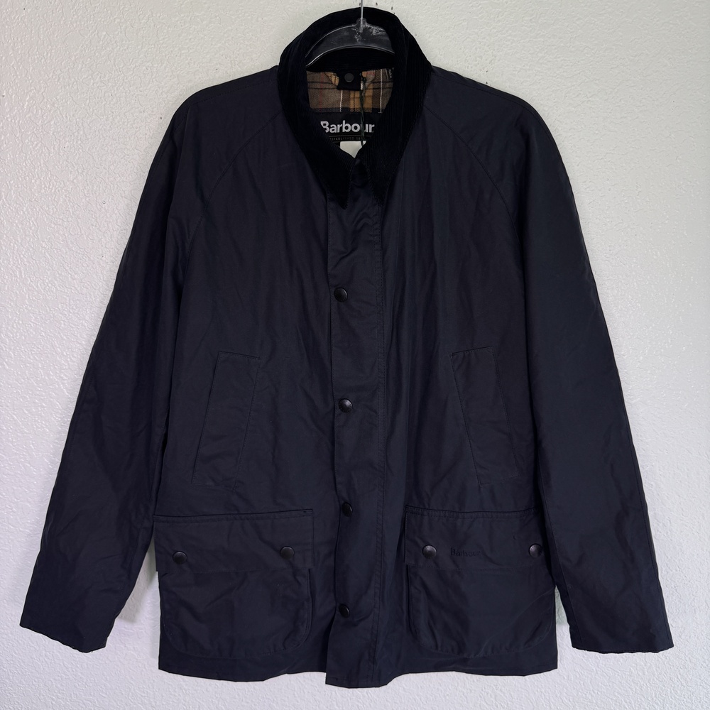 Barbour Ashby Wax Jacket Mens Medium Navy Corduroy Collar Lined Tartan Country